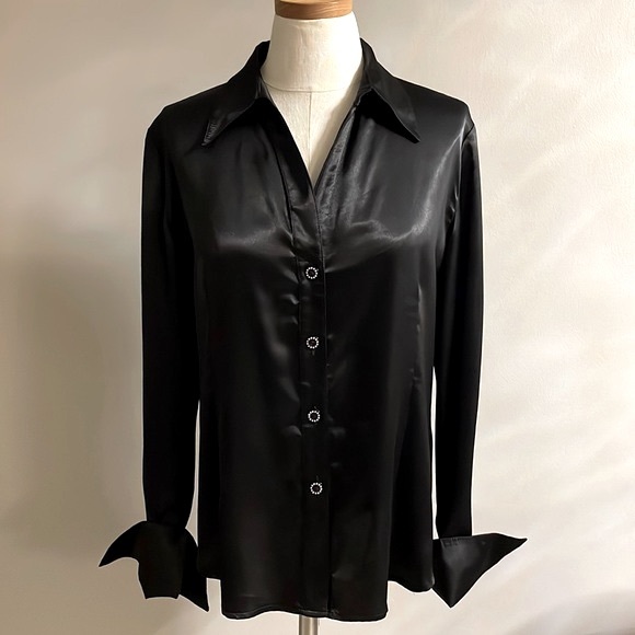 Luxury European designer black satin collared button up blouse bishop sleeves L - Picture 1 of 13